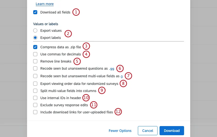 opções disponíveis ao exportar dados