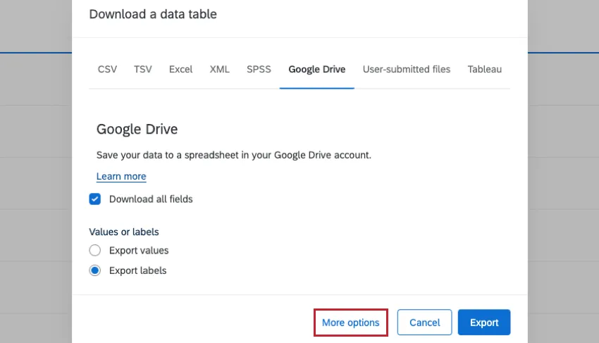 Fenêtre de téléchargement du tableau de données avec le lien "Plus doptions" en bas à gauche