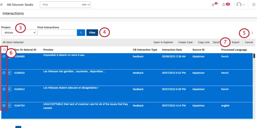 Filtrar interacciones, seleccionarlas y luego exportarlas