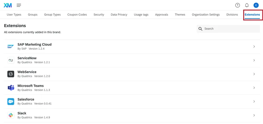 the extensions tab in admin