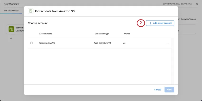 Nueva ventana donde se configura la tarea de Amazon, botón en la esquina superior derecha para agregar una cuenta de usuario.