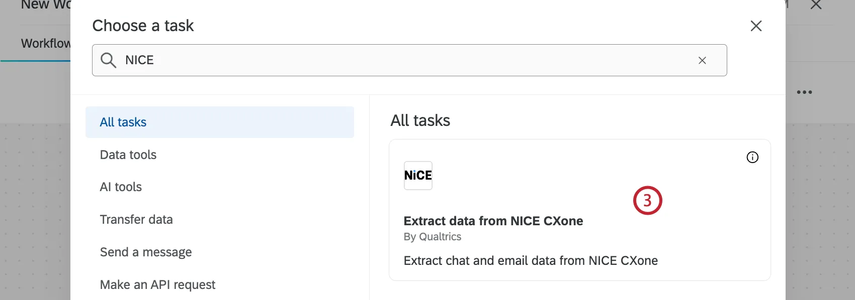 selecting the extract data from nice cxone task when creating a workflow