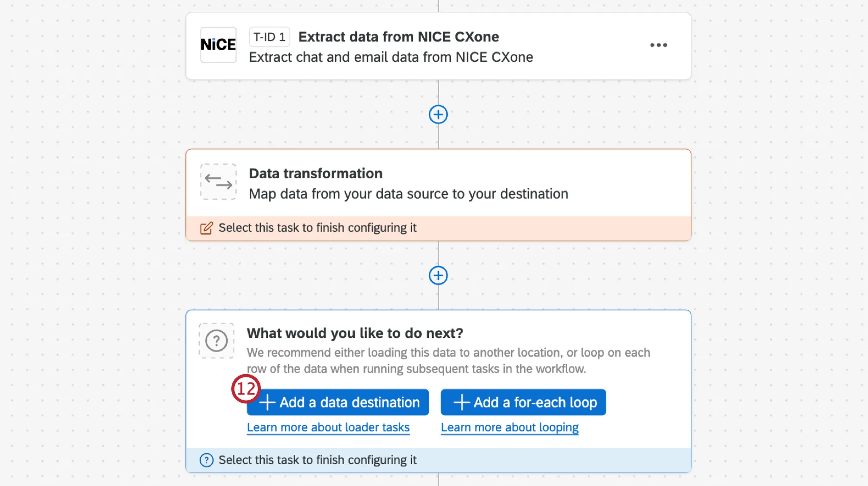button to add a data destination within the workflow