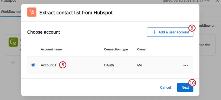 account selection screen to select an already-added hubspot account or connect a new one