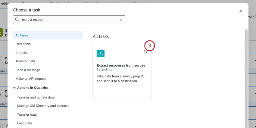 Screenshot-Fenster, in dem Sie eine Aufgabe hinzufügen, wobei Antworten aus Umfrage extrahieren nach oben gesucht und hervorgehoben wird