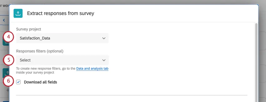 Screenshots von Umfrage, Antwortfiltern und Downloads aller Feldoptionen im Fenster