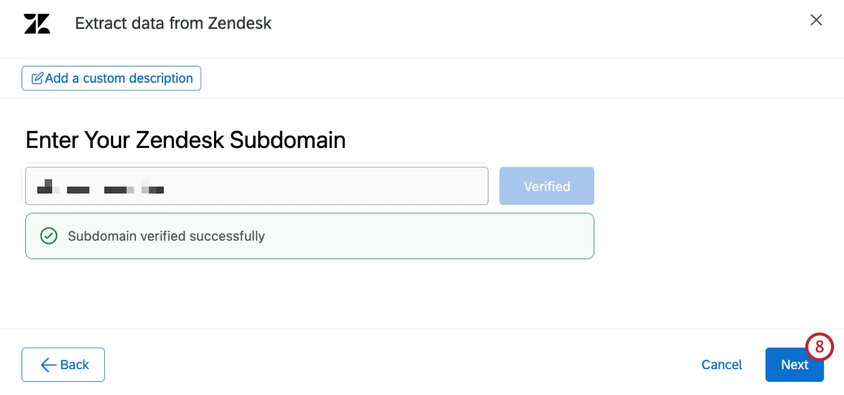 a successfully verified subdomain at the top, and the "next" button highlighted in the bottom right