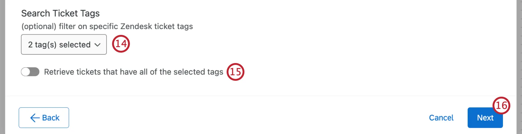 a dropdown with zendesk tags selected, and the next button in the bottom right
