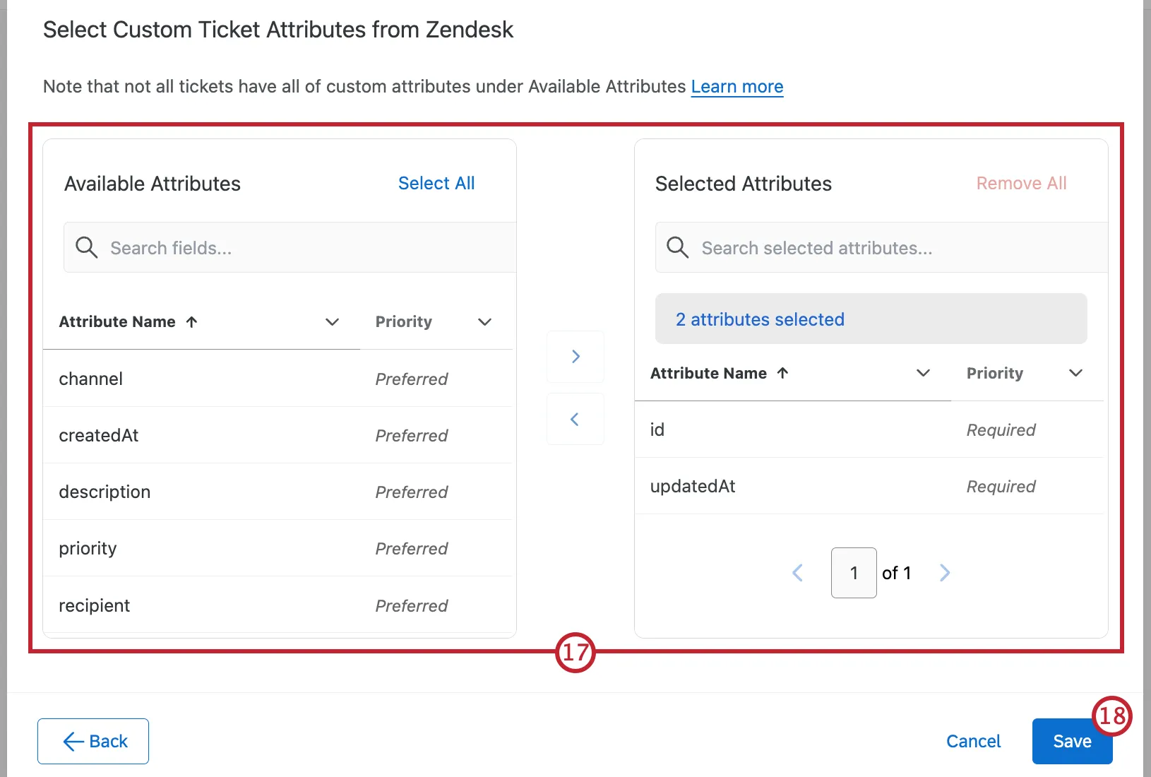 A table to select custom attributes, with available attributes arranged on the left and selected attributes on the right. The next button is in the bottom right.