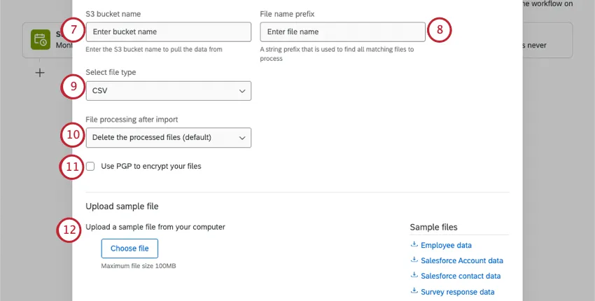 Amazon S3バケットにアップロードするために必要なフィールドが記述されています。これらの設定は、処理されたファイルを削除することを言う