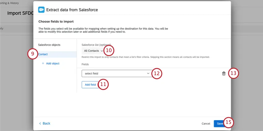 seleção de campos de um objeto contato no salesforce para importação