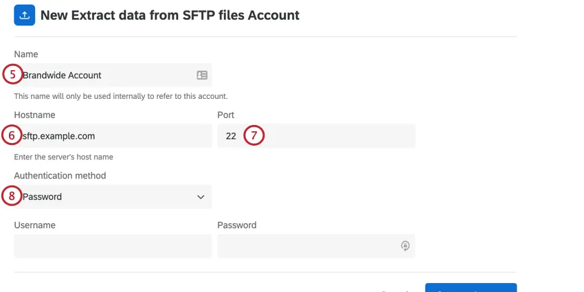 Geben Sie dem Benutzerkonto einen Namen, geben Sie den Hostnamen und Port ein, und wählen Sie eine Authentifizierungsmethode aus.