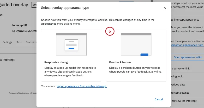 neues Fenster, in dem Sie zwischen Responsive-Dialogfeld und Feedback-Schaltfläche wählen können