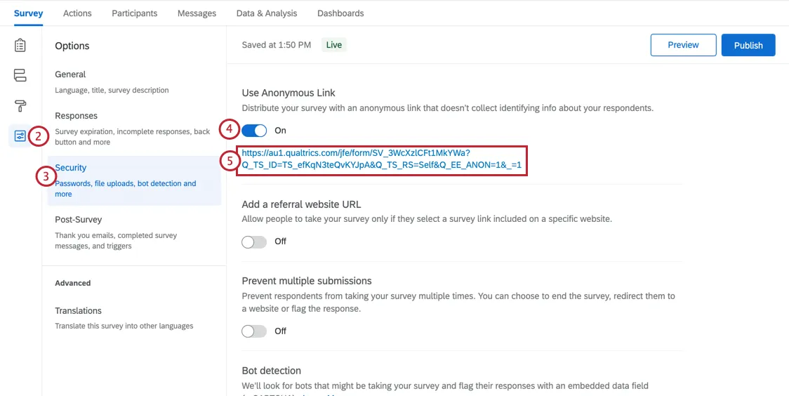 naviguer jusquà la section sécurité des options de lenquête, activer le lien anonyme et copier le lien