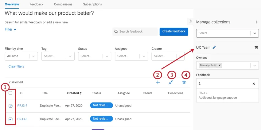 selecting feedback requests, and then performing an admin action