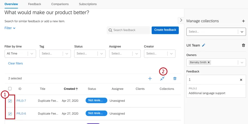 Seleccionar varias solicitudes de opinión y luego hacer clic en Fusionar