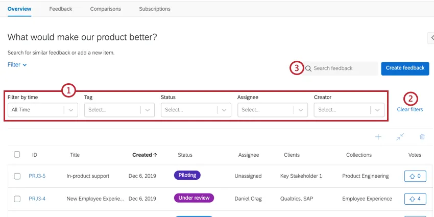using the search and filter on the overview page