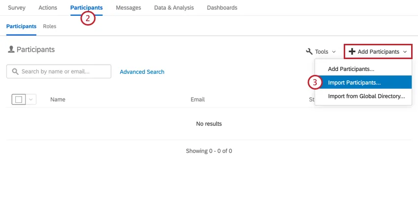 navegação para participantes e importação de participantes