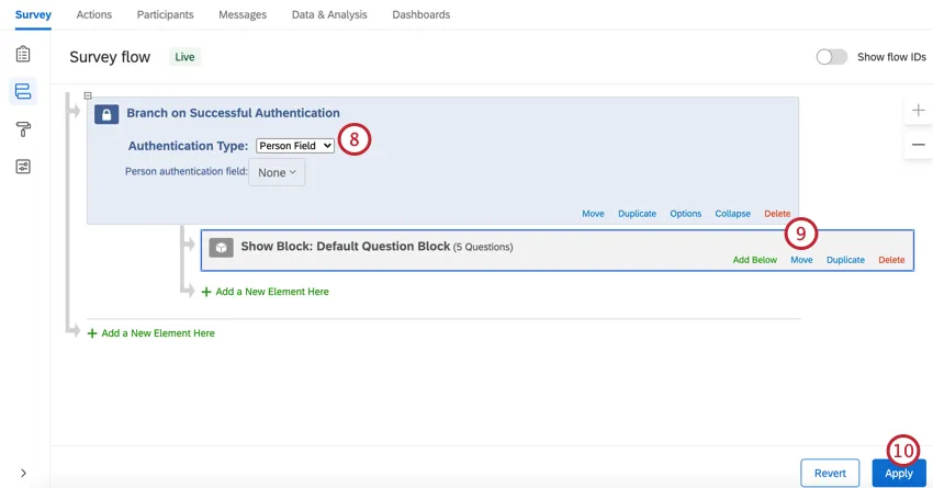 choosing the person field, moving the block under the authenticator, and clicking apply