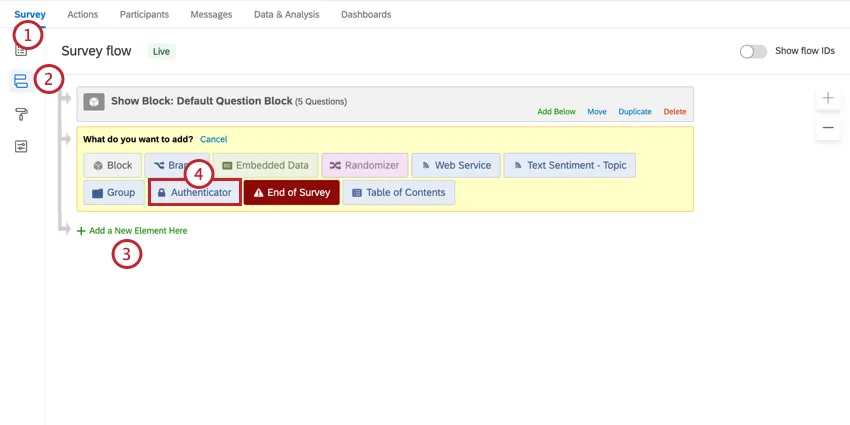 navigating to the survey flow, adding a new element, and selecting authenticator