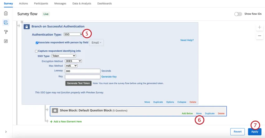 changing the authenticator type to sso, moving the block under the authenticator, and clicking apply