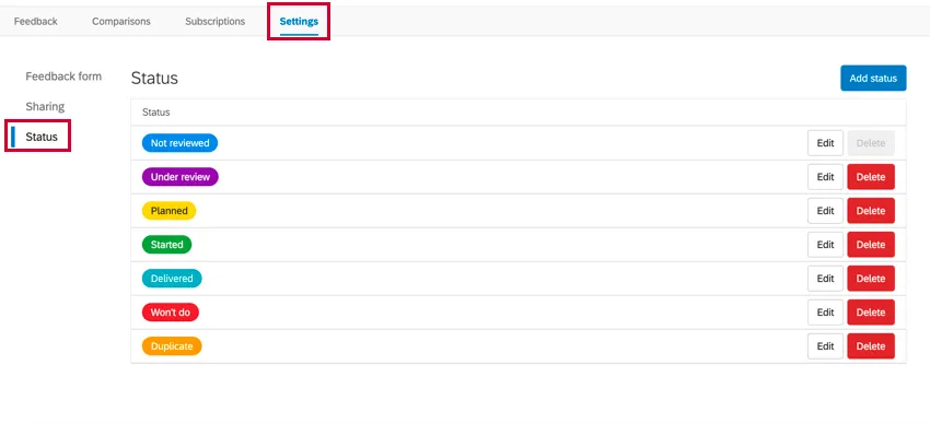 the status tab of settings