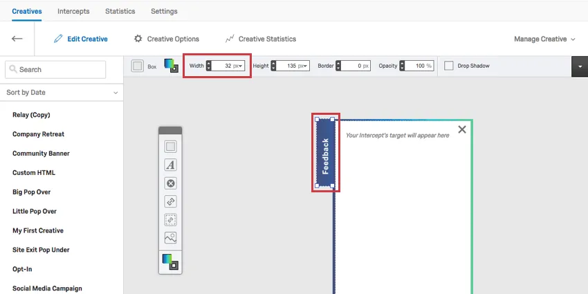 El editor, donde el elemento que se supone que debe ser el control resulta tener un ancho de 32