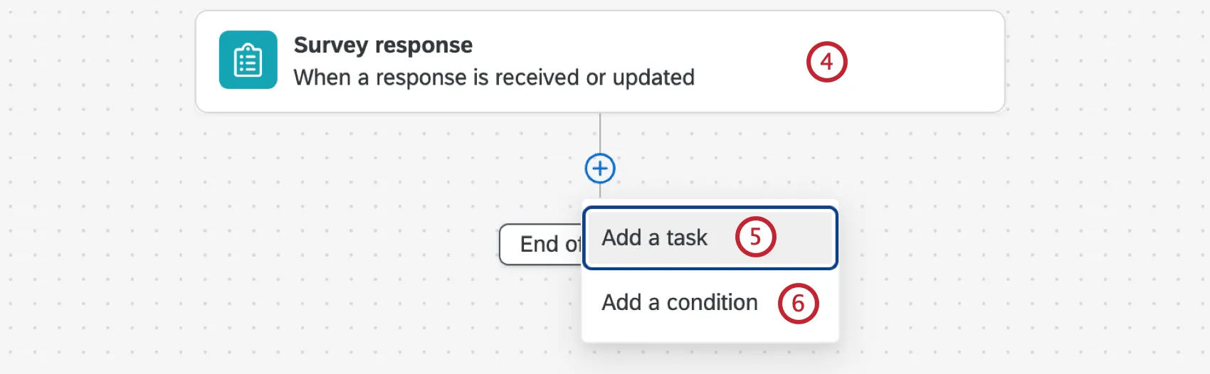 choosing the survey event, adding conditions, and choosing the task