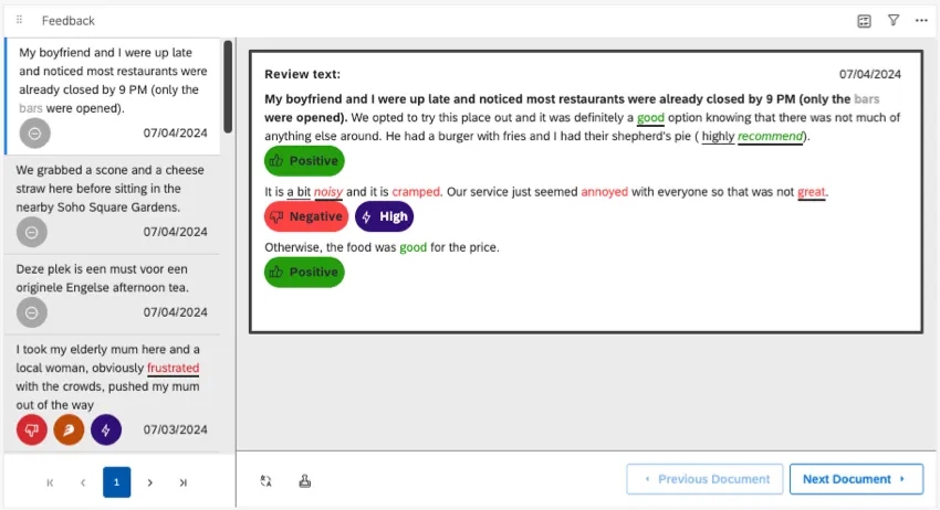 Menu onde, à esquerda, há uma lista de respostas e, à direita, a resposta completa que foi clicada, com destaque para sentimento e o esforço