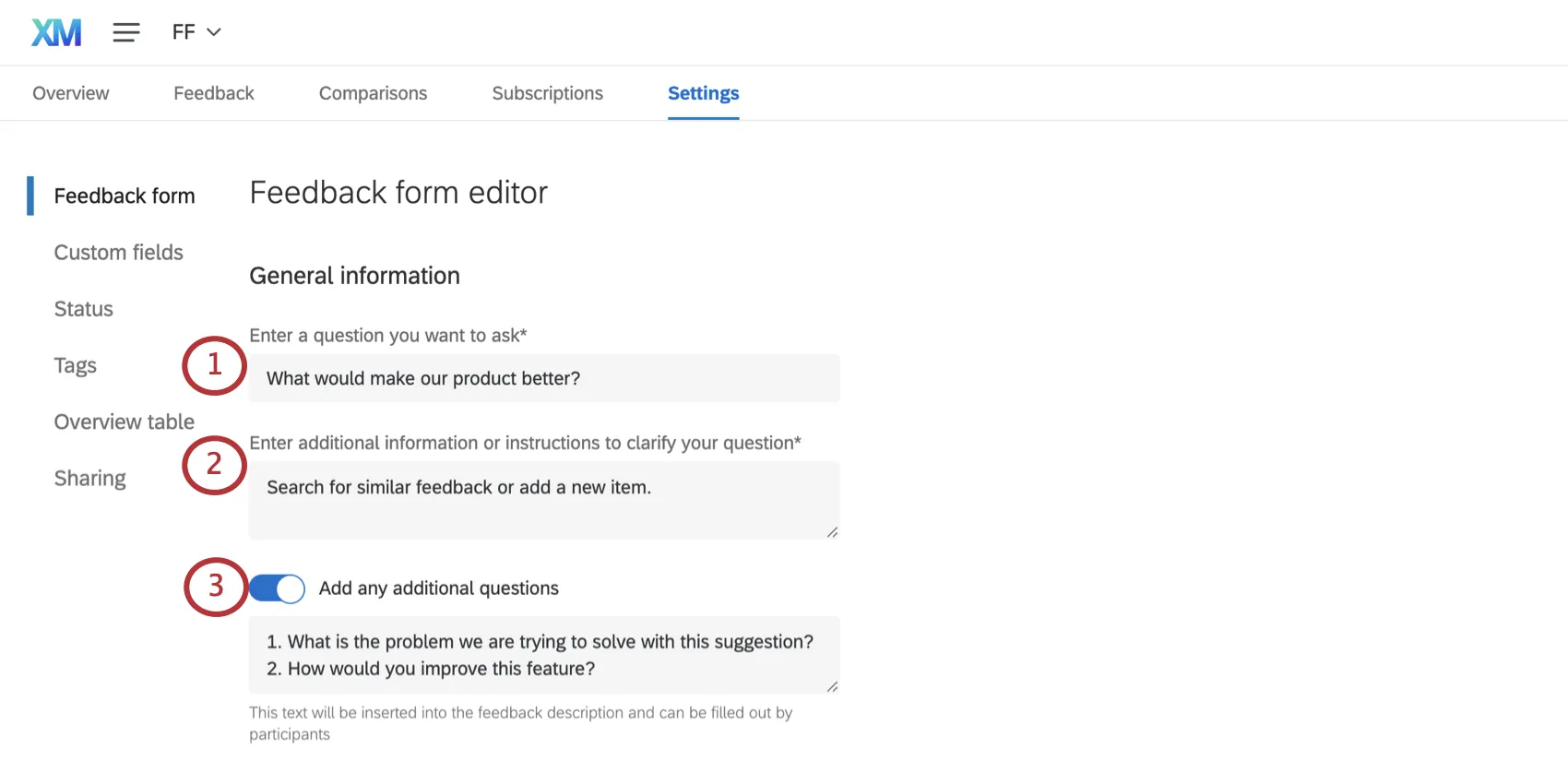 Seção de informações gerais do editor do formulário de feedback
