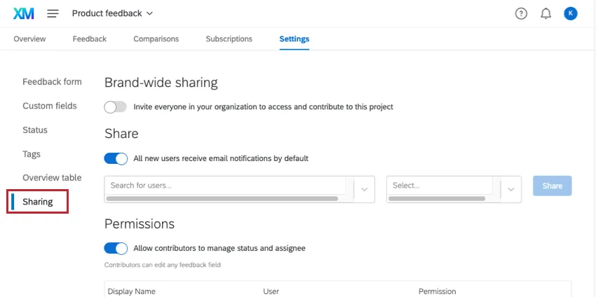 La sección para compartir de la configuración de opinión de primera línea