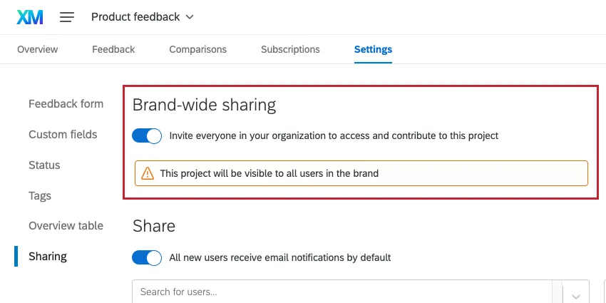 Brand-wide sharing header over a toggle setting
