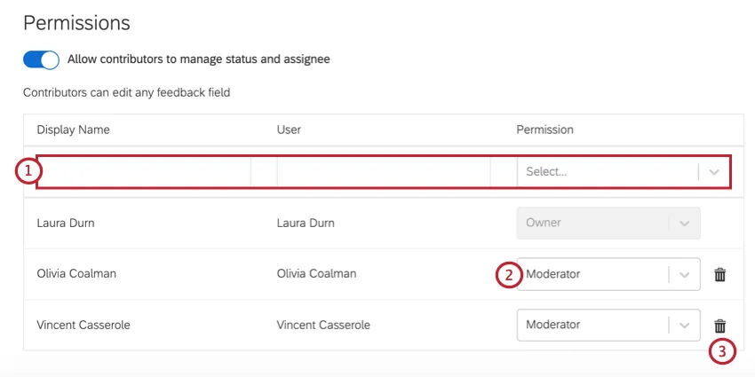 dans le tableau des autorisations, vous pouvez effectuer des recherches, modifier les autorisations et supprimer laccès