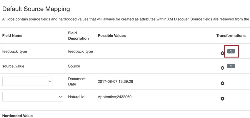 un número junto al ícono de engranaje que indica que el campo ya está transformado