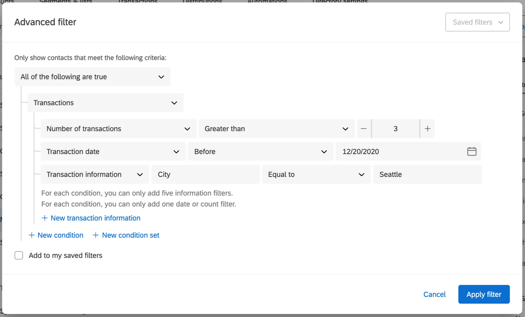 Configurar un filtro avanzado basado en transacciones