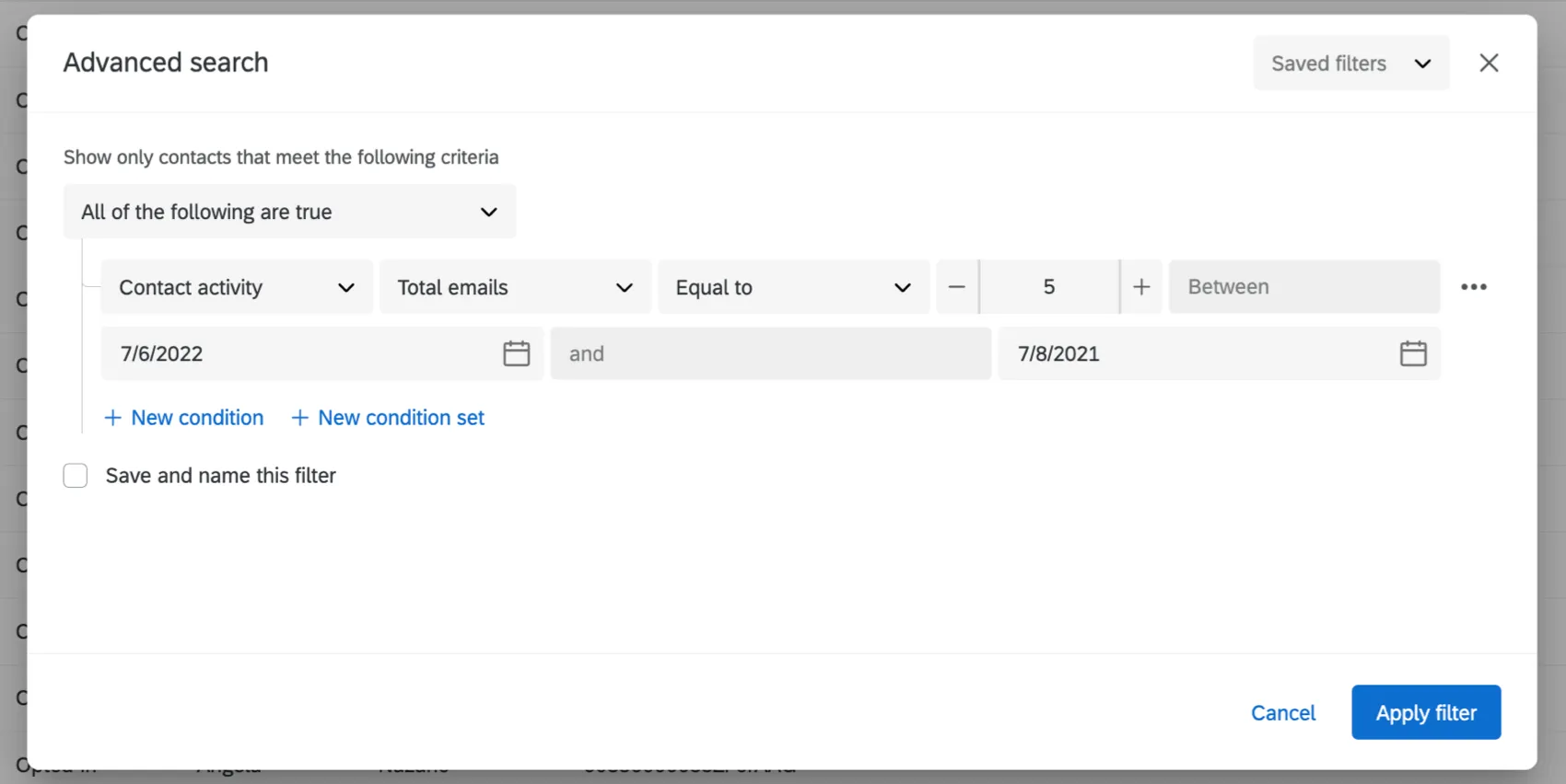 configurar um filtro avançado com base na atividade contato