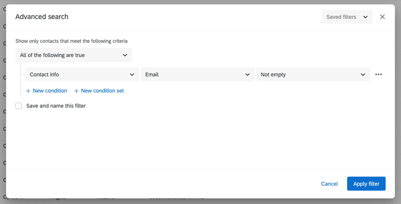 setting up an advanced filter based on contact info