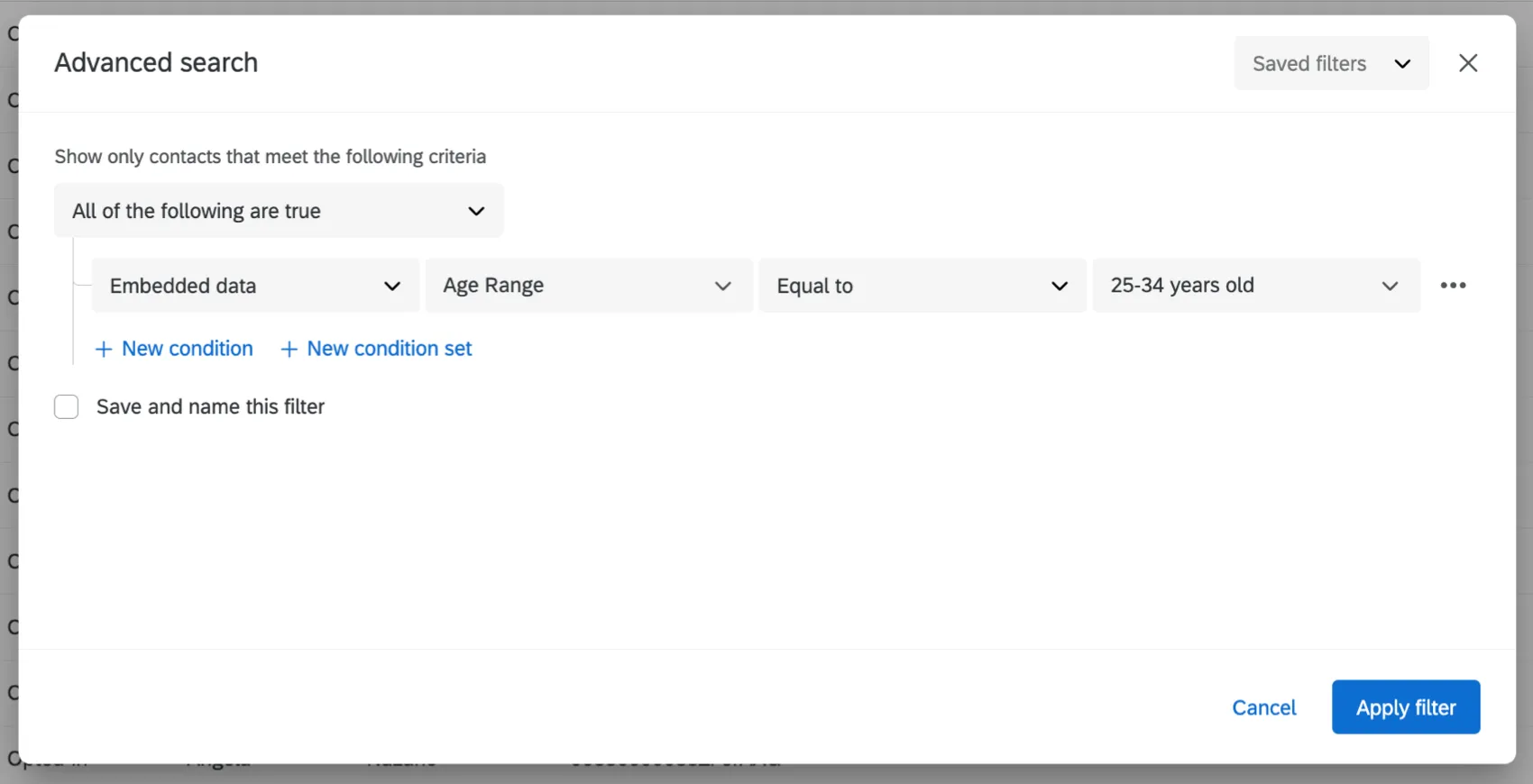 Configuración de un filtro avanzado basado en datos embebidos