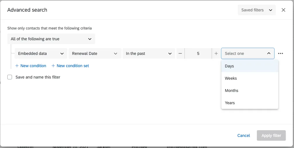 recherche de contacts avec "Date de renouvellement dans les 5 derniers jours"