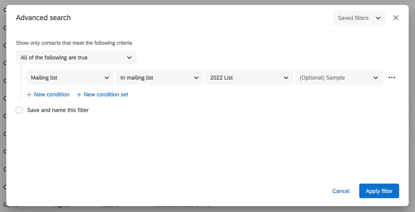 Einrichten eines erweiterten Filters auf der Grundlage von Mailingliste