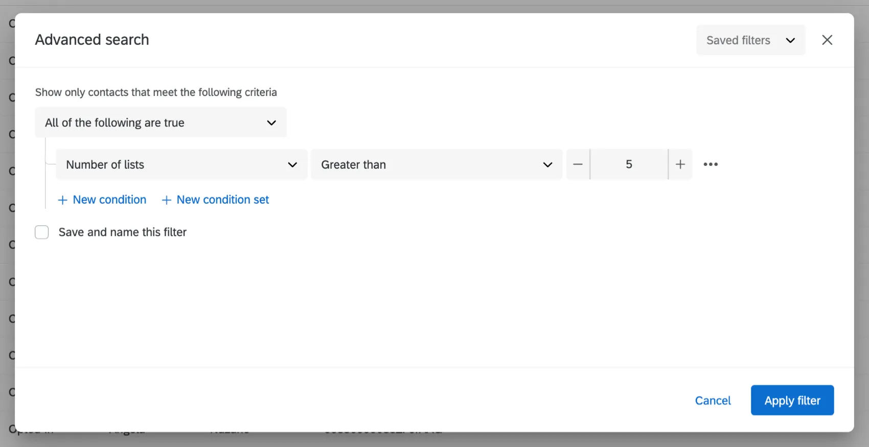 setting up an advanced filter based on number of lists