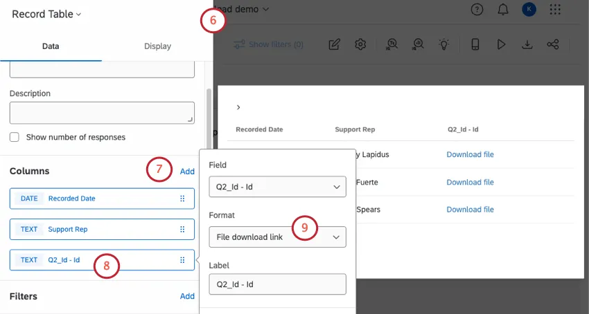 record table with editing pane open and column settings displayed