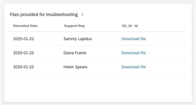 a table named 'files provided for troubleshooting.' each row shows a support representative, then a clickable text that says download file