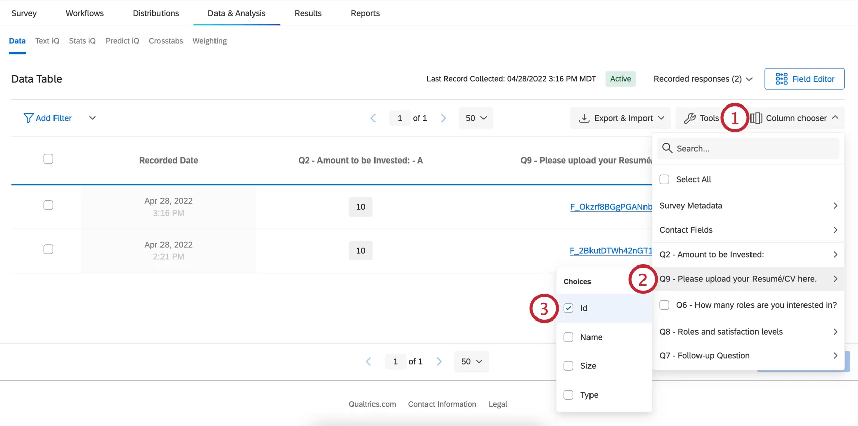 menu de seleção de colunas onde o ID de upload do arquivo pode ser selecionado