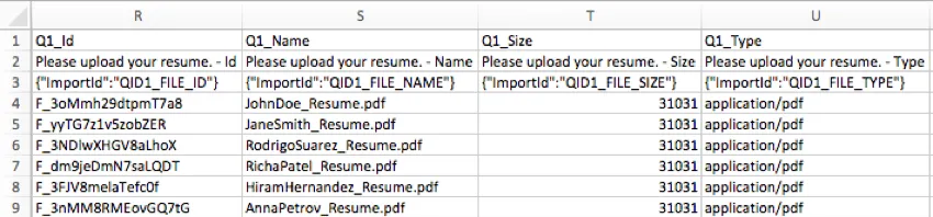 ファイルID、ファイル名、ファイルサイズ、ファイルタイプを含むCSV