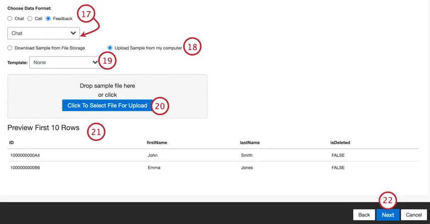 choosing the type of data to import and adding a sample file