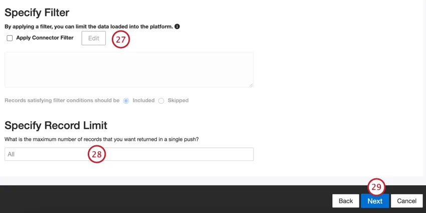 adicionar um filtro de conector e especificar um limite de registros