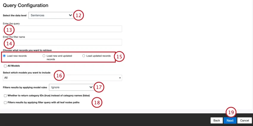 scegliere i dati da esportare e configurare la query