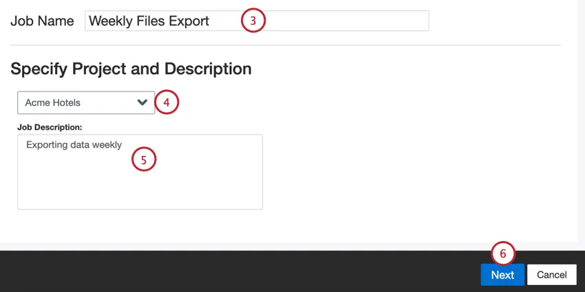 naming the job, choosing a project, and adding a description
