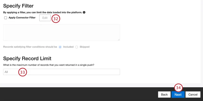 adding a connector filter and specifying a record limit